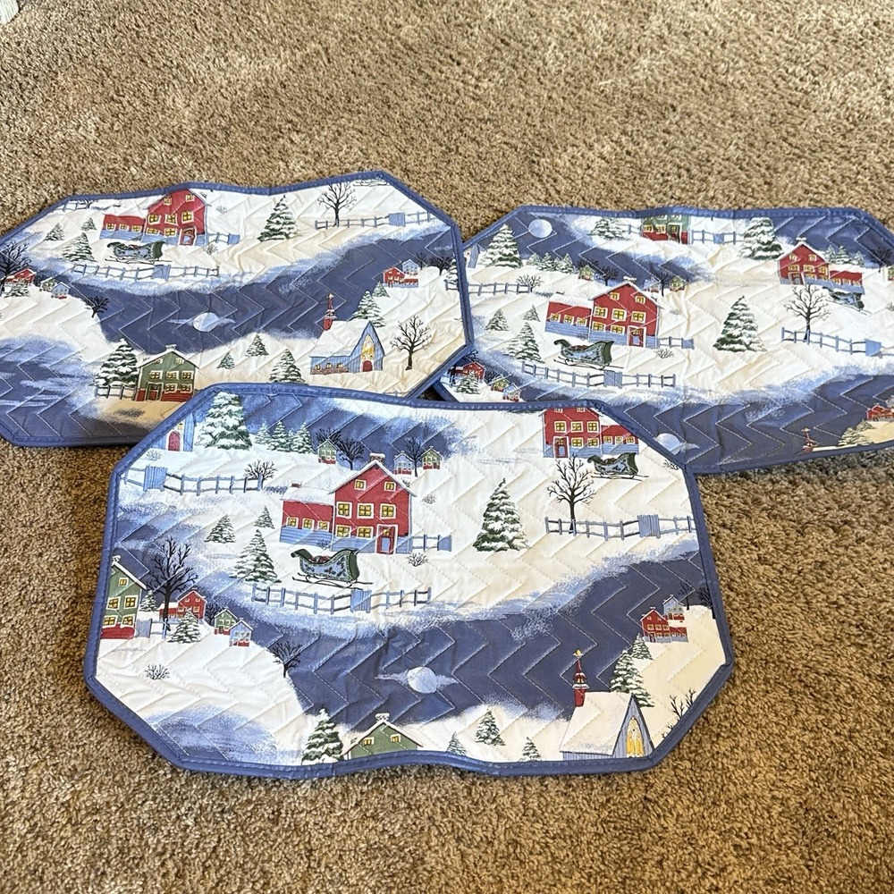 3 Vintage Christmas Quilted Vinyl Placemats Winter Snow Scene Sleigh Barn Horse